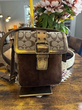 Coach Brown Monogram & Suede Crossbody with Metallic Bronze Trim